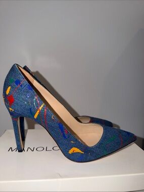 Manolo Blahnik Denim Pointed-Toe Pumps with Multicolor Paint Accents size 37